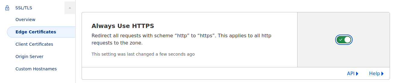 The location of the "enforce https" switch in the CloudFlare GUI